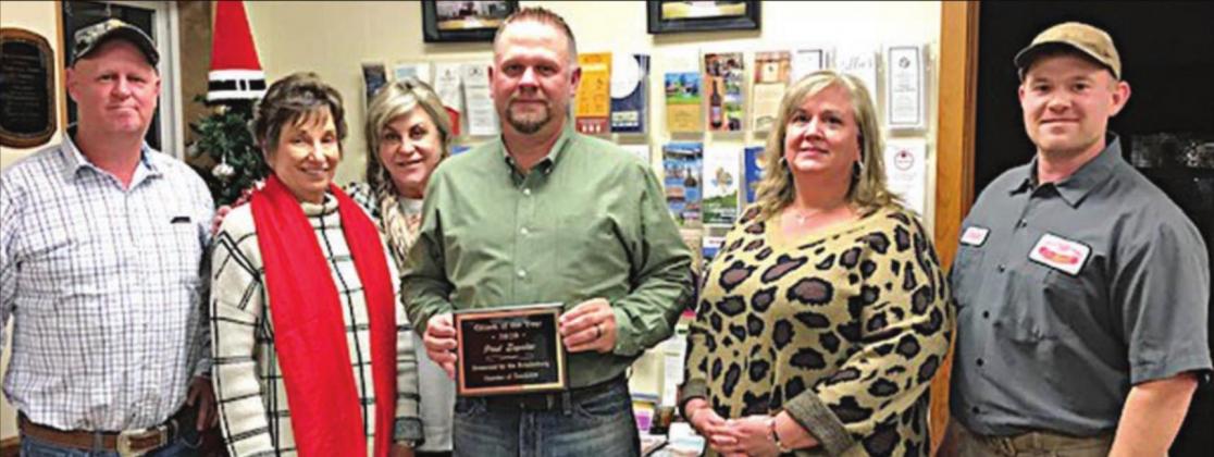 CITIZEN OF THE YEAR – Paul Zapalac (front, center) accepts the “Citizen of the Year” award from Chamber of Commerce representatives (from left) Gary Zweschper, Diana Mikesky, Jill Taber, (from right) Lukas Smrkovsky, and Ann McBride.