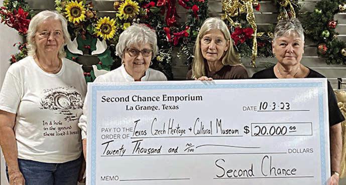On hand as Second Chance Emporium donated $20,000 to the Texas Czech Heritage &amp;amp; Cultural Center Inc. were (from left) Janis Hrncir, TCHCC curator; Retta Chandler, TCHCC president; Gayle Schielack, SCE store director; and Darlene Strahan, SCE assistant store director.