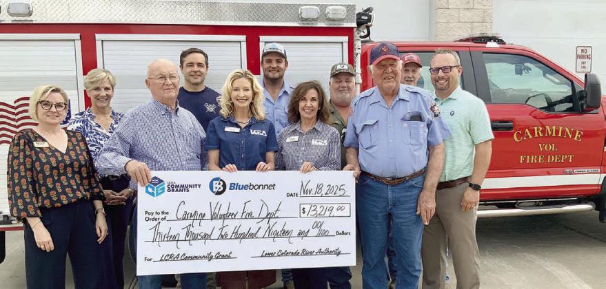 LCRA, Bluebonnet Electric Co-op award $13,219 grant to Carmine VFD