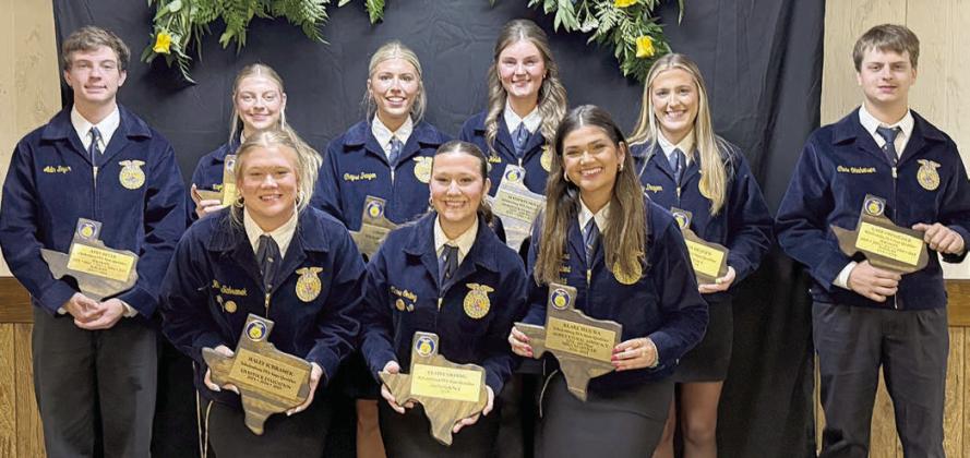Schulenburg FFA State Qualifiers – (front row, from left) Haley Schramek, Claire Oeding, Klare Segura, (back row) Adin Beyer, Kaylee Beyer, Chayse Deagen, Madyson Holub, Landry Deagen and Cade Ohnheiser.