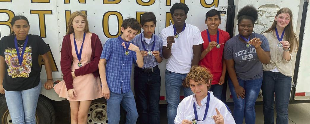 PERCUSSION ENSEMBLE &amp; SOLOISTS – A percussion ensemble and five soloists from the SISD JV Band performed at the Yoakum Bulldog Invitational, as follows: From left: Alexa Rodriguez, clarinet solo Cheyanne Harris, flute solo Colton Knigge, trumpet solo Carlos Flores, trumpet solo Vontrell Walton, percussion ensemble Colton Faith, percussion ensemble Santos Sosa, percussion ensemble Rodneisha Walton, clarinet solo Samantha Crane, percussion ensemble
