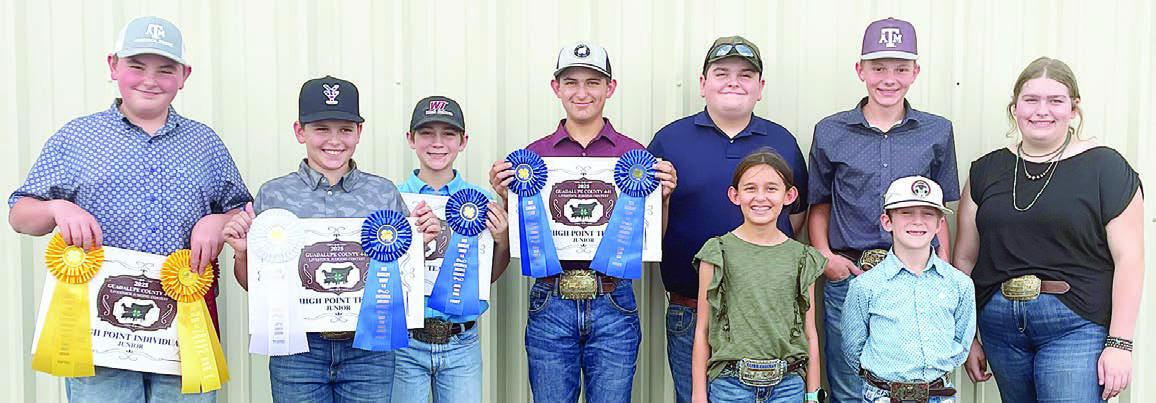 Fayette County 4-H’ers participating in the Guadalupe County Livestock Judging Contest were (front row, from left) Emma Zweschper and Rowdy Guenther, members of the 13th place junior team; (back row) Abraham McBride, Hudson Holub, Crockett Guenther and Dylan Zweschper, members of the champion junior team; Rilan Karisch, member of the 13th place junior team; and Holden Holub and Rheagan Karisch, senior individual judgers.