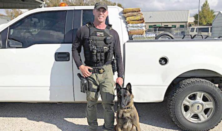 Sgt. Randy Thumann, with K-9 partner Kolt, located cocaine valued at approximately $850,000 in the spare tire of a Ford F-150 during a traffic stop on Interstate 10 near Engle.