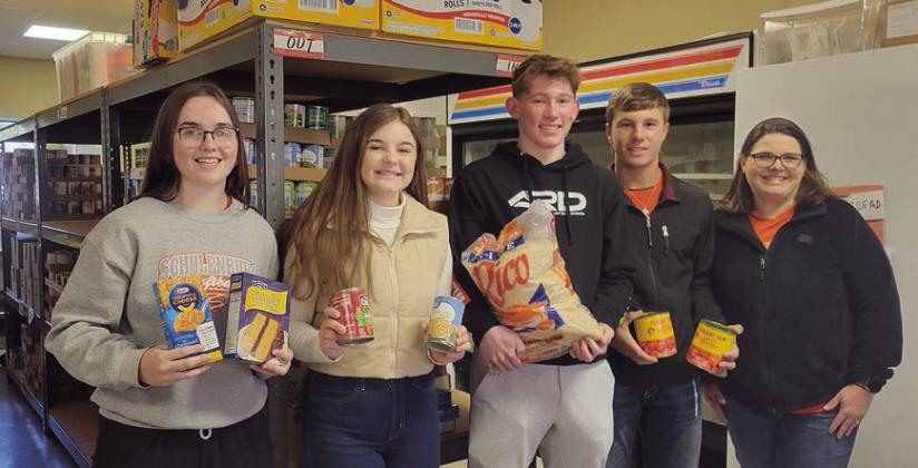 The Schulenburg High School National Honor Society hosted its annual fall food drive from Oct. 16 to Oct. 31. Schulenburg ISD is proud to announce that 791 pounds of food was collected that has been donated to the Schulenburg Area Food Pantry. Shown are (from left) NHS secretary Haylie Goode, NHS Student Council representative Riley Zapalac, NHS vice president Blake Helms, NHS member Bryce Stoever and NHS advisor Janna Synnott. The Schulenburg High NHS thanks everyone who participated.