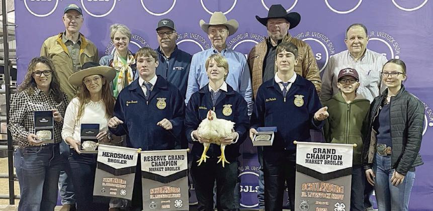BROILERS – Exhibitor: Joseph L. Schindler III (front, center). Sales price: $5,500. Sticker Photo By Darrell Vyvjala See the Back Page for photos of reserve champion market exhibitors as well as breeding show, showmanship, ag mechanics, proficiency test, floral cup, herdsmen, and salesmanship award winners from the Schulenburg Junior Livestock Show, held Jan. 23-25 at the Expo Center. A complete list of exhibitors and buyers, along with donors, will appear in next week’s issue.