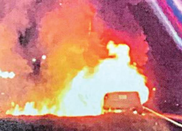 A 2006 Nissan Altima was fully engulfed when emergency responders arrived on scene on Interstate 10 just west of Schulenburg. Photo Courtesy of Fayette County Sheriff’s Office
