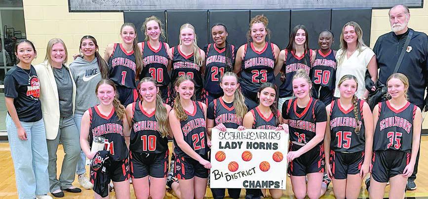Pictured after their bi-district win in Giddings are: (kneeling, from left) Hope Hammack, Gracie Burton, Miranda Bonner, Jenna Guentert, Kendra Salmon, Alana Herzik, Jordin Davis, Michaela Kollmann; (standing, from left) manager Sherlyn Moreno, assistant coach Carol Hargadine, manager Ruby Rodriguez, Emmrie Marx, Grace Schramek, Ava Bubela, Jashiya Jackson, Arianna Vincent, Ava Faith, Madison Harris, assistant coach Gara Beth Self, and head coach Larry Tidwell. Sticker Photo By Darrell Vyvjala