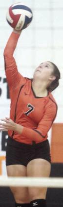 Landry Zapalac serves one of her six aces against Smithville. Sticker Photo By Darrell Vyvjala