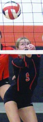 Michaela Kollmann reaches to pick up a Lady Ricebird attack at the sideline for one of her 23 digs. Sticker Photo By Darrell Vyvjala