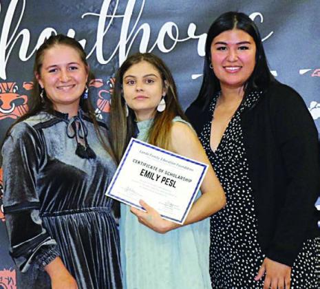 Emily Pesl (center), Schulenburg High graduate, was selected to receive the 2023 Clark Scholarship. Presenters were Melanie Ramirez, right) Stanzel Family Foundation program director, and Liberty Killion (left), 2021 Clark Scholarship recipient. The Stanzel Family Foundation partners with the Landa Family Educational Foundation in administering the scholarship.