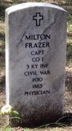 The grave marker of Capt. Milton Frazer (engraved with the incorrect year of death) in Navidad Baptist Cemetery, which is located about three miles south of Schulenburg on Vacek Loop