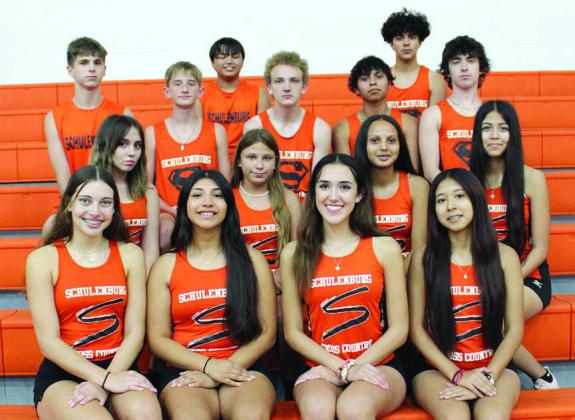 Schulenburg High cross country runners - Front, from left: Fay Kutac, Ruby Rodriguez, Makena Kopecky, and Sherlyn Mojica Moreno. Second row, from left: Aleesiah Roberts, Ellie Hammack, Yasmin Cortez Granados, and Jailyn Guerrero. Third row, from left: Jamison Bennett, Alton Herzik,Yahir Hernandez, and Graylen Adams. Back, from left: Ethan Gayle, Trey Silcox, and Edgar Mandujano Lopez. Not pictured: Zach Hammack.