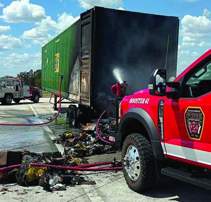 A Schulenburg VFD unit uses its bumper-mounted nozzle to finish off an 18-wheeler fire west of Flatonia on Sept. 8. Photo Courtesy of SVFD