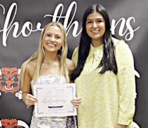 Ann elyse Ga lipp (left), Schulenburg High graduate, received the 2024 Ginger Stanzel Bosl Memorial Scholarship, with Melanie Ramirez (right), Stanzel Family Foundation program director, making the presentation.
