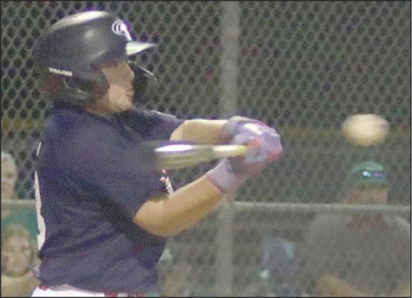 Draden Chudej connects for a two-out, two-RBI double in the bottom of the sixth inning. Sticker Photo By Darrell Vyvjala