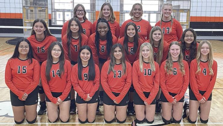 Lady Horn freshmen Kneeling, from left: Ariel Sosa, Emily Veloz, Hayden Martinez, Natalia Garcia, Brennan Chudej, Hope Hammack, and Michaela Kollmann. Middle, from left: Molly Rorschach, Perla Martinez, Jashiya Jackson, Morgan Steinhauser, Haylee Vacek, and Valeria Cleto. Standing, from left: Cora Brenek, Summer Livingston, Arianna Goff, and Ava Bubela. Sticker Photo By Darrell Vyvjala