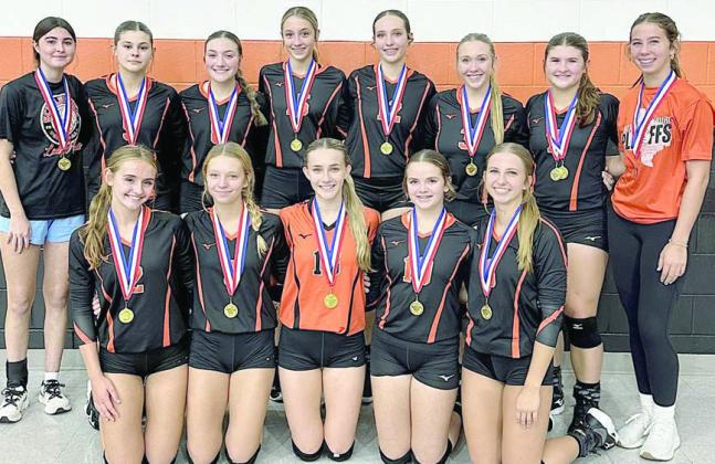 Shown with their medals for winning the Silver Bracket of the Lady Horn Classic are: (kneeling, from left) Miranda Bonner, Michaela Kollmann, Jenna Guentert, Kerr McBride, Clara Magliolo; (standing, from left) Ava Faith, Haylee Vacek, Greenli Van Zandt, Kimber Bartosch, Grace Schramek, Reagan Dusek, Landry Zapalac, and Courtney Magliolo.