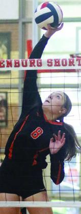 Greenli Van Zandt sends over a kill in the second-set comeback against Yoakum. Sticker Photo By Darrell Vyvjala