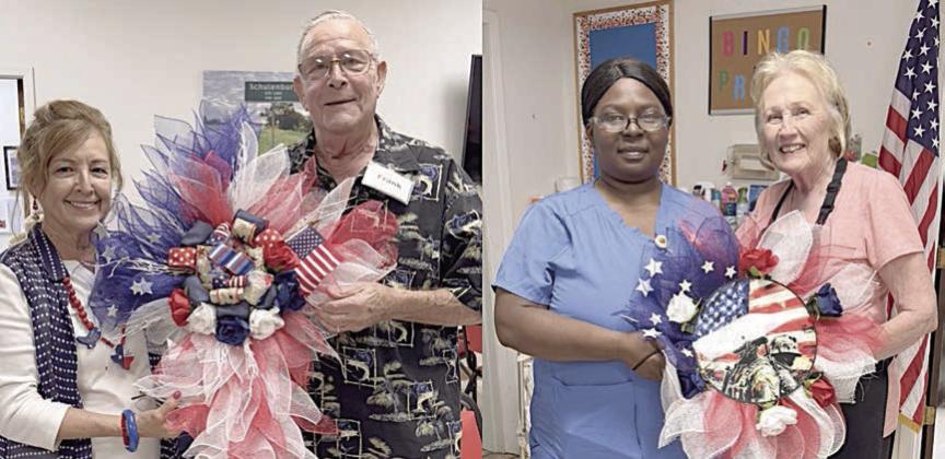 Volunteers recently coordinated a drawing, which included these beautiful decorations created by Matha Beckmann (left), to raise funds for the new Senior Connections building. In the photo at left, she presents one of them to Frank Lafferty, who also won a cross. In the photo at right, Sharon Rodriguez (right) presents the wreath to Katina Thomas. Almost $2,000 was raised through this project.