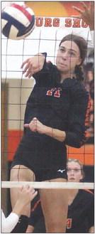 Meredith Magliolo slams down a kill against Lago Vista last Tuesday. Sticker Photo By Darrell Vyvjala