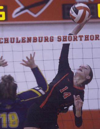 Emmrie Marx connects for a kill in the fourth set, one of her 32 versus the Ladycats. Sticker Photo By Darrell Vyvjala