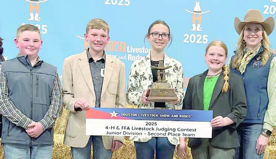 Reserve Champion Junior Team – (from left)Abraham McBride, Holden Holub, Tatum Fritsch, Kaisley Janecka and HLS&amp;amp;R representative. Abraham McBride and Holden Holub are members of the Schulenburg 4-H.