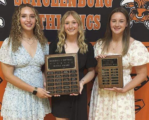 SOFTBALL – (from left) Grace Schramek and Angel Davis, Hustle Award; and Summer Livingston, Ken Bigham Jr. Softball MVP. Sticker Photo By Darrell Vyvjala
