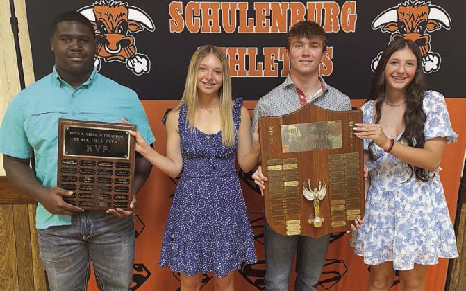 TRACK – (from left) Tavondrick Ellison, Boys’ Field Event MVP; Michaela Kollmann, Girls’ Field Event MVP; Kollmann, Nick Goode, and Jordin Davis, Rotary Club Outstanding Male and Female Track Athletes. Sticker Photo By Darrell Vyvjala