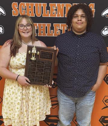 POWERLIFTING – (from left) Cora Brenek and Calvin Thompson, Schulenburg Printing Outstanding Powerlifters. Sticker Photo By Darrell Vyvjala