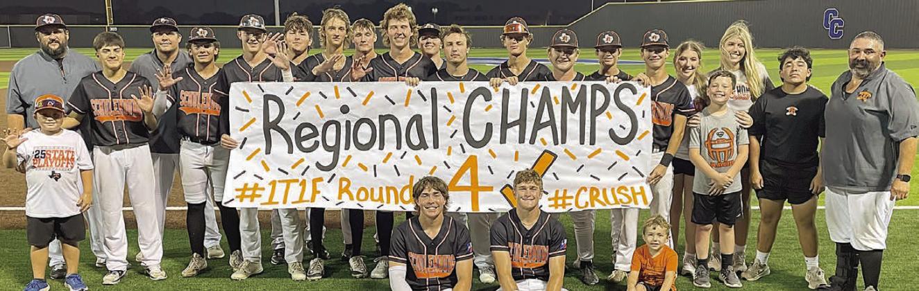 The Shorthorns, along with their coaches, managers, and bat boys triumphantly display a banner proclaiming their accomplishment Saturday at Cy Creek High School. Sticker Photo By Darrell Vyvjala