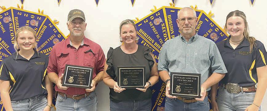 James Sommer (second from left), Callene Zapalac (center) and Mark Olsovsky (second from right) were awarded the Honorary Lone Star FFA Degree. They are shown with Keeley Warnken (left), Schulenburg FFA vice president, and Madyson Holub (right), Schulenburg FFA president.