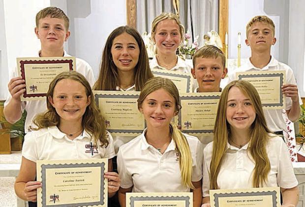 7th Grade – (front row, from left) Caroline Bartek, Mallory Bonner, Reese Dusek, (back row) Bo Brossmann, Courtney Magliolo, Saybra Pinney, Holden Holub and Weston Hollas.