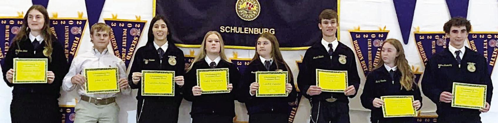 Proficiency Award Winners – (from left) Swine Production, Madyson Holub; Forage, John Vacek; Poultry Production, C.J. Prihoda; Diversified Livestock Production, Haley Schramek; Dairy, Landry Zapalac; Beef, Grant Kubala; Ag Services, Harly Zapalac; Agriculture Mechanics and Design, Nathan Olsovsky; and (not shown) Wildlife Management, Bryce Stoever.