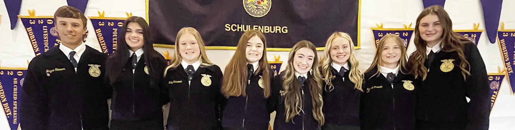 Schulenburg FFA Off icer Team for 2022-23 – (from left) Bryce Stoever, Klare Segura, Haley Schramek, first vice president Riley Zapalac, president Keaton Walker, Keeley Warnken, Kyrroll Prihoda and Madyson Holub.
