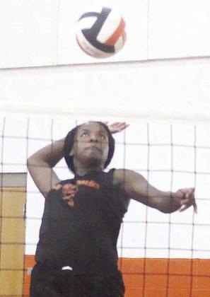 Senior Jessalyn Gipson, the Lady Horns’ kill leader and an all-stater in 2022, works on attacks during a practice last week. Sticker Photo By Darrell Vyvjala