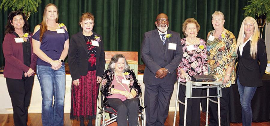 2025 ‘WOMEN MAKING HISTORY’ HONOREES/REPRESENTATIVES – (from left) Teresa Brown, Angela Lala, Maria Vega, Karey Bresenhan, the Rev. Andrew Stafford (receiving the award for his mother, Maezell Stafford Townsend), Lucille Strickland, Brenda Fisseler, Robin Wedgeworth (receiving the award for her mother, Gladys Giese).