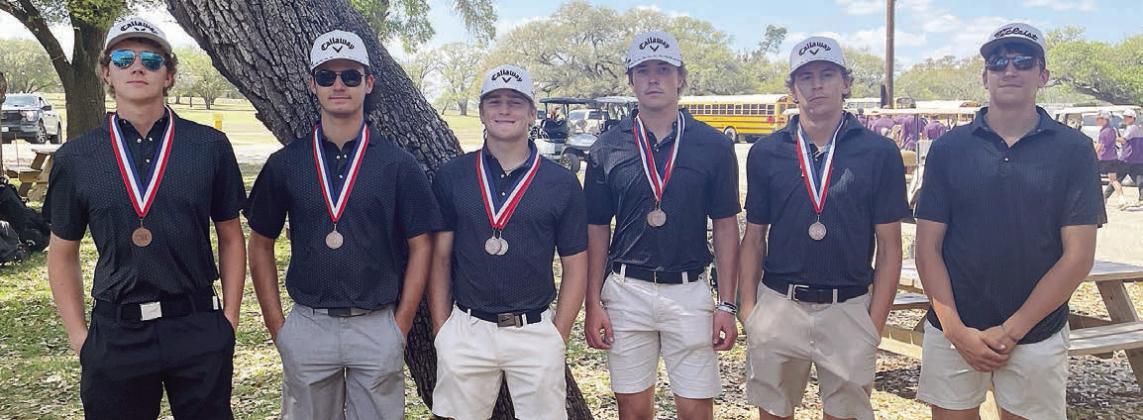 Members of the varsity Shorthorn golf team: (from left) Tayt Wenske, Brant Redman, Reid Janda, Jayse Janda, Van Prihoda, and Koi Prihoda. Sticker Photo By Darrell Vyvjala