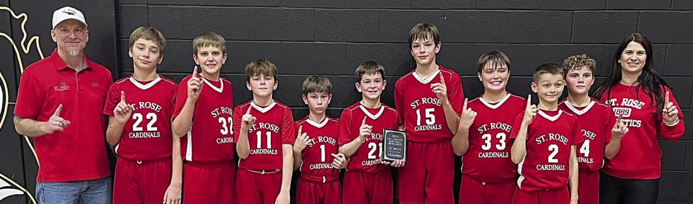 The St. Rose fifth-sixth grade B team includes (from left) coach Neal Goedrich, Justin Schramek, Levi Johnson, Hudson Ohnheiser, Barett Redman, Luke Goedrich, Jacob Schramek, Noah Heger, Andrew Besetzny, Jack Schiffli and assistant Laurie Goedrich.