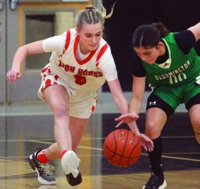 Jenna Guentert knocks the ball away from a Bloomington guard. Sticker Photo By Darrell Vyvjala