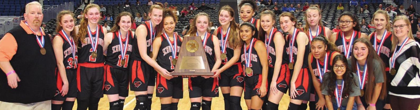 The 2019-20 Lady Horn basketball team members, coaches, and managers with the Class 3A state semifinalist trophy appeared in the March 12 edition. Sticker File Photo