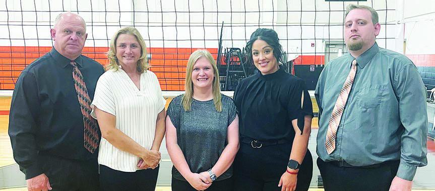 COACHING STAFF – (from left) head coach Donald Zapalac, assistant coaches Melissa Zapalac, Carol Hargadine, Melissa Rodriguez, and Richard Ramsey. STICKER PHOTOS BY DARRELL VYVJALA