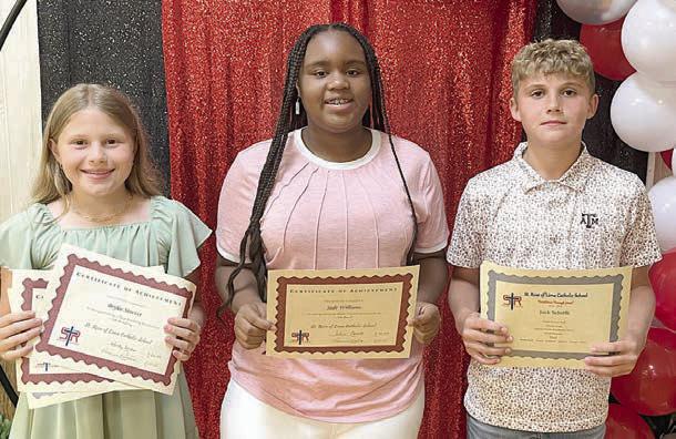 Top 5th Grade Students – (from left) Brylee Stoever, reading and religion; Jade Williams, band most improved; and Jack Schiffli, math, reading, science, English, social studies, computer and band.