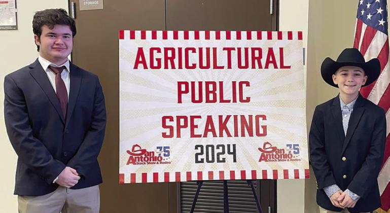 Logan Poncik (left) of the Fayetteville 4-H and Crockett Guenther (right) of the Schulenburg 4-H recently competed in the San Antonio Livestock Show Public Speaking Contest in San Antonio. Guenther was third overall in the Junior Agricultural Public Speaking Contest. His topic was “Ruminant Rumination.” Poncik competed in the Senior Agriculture Public Speaking Contest. His top was“Electronic Identification Tags.”