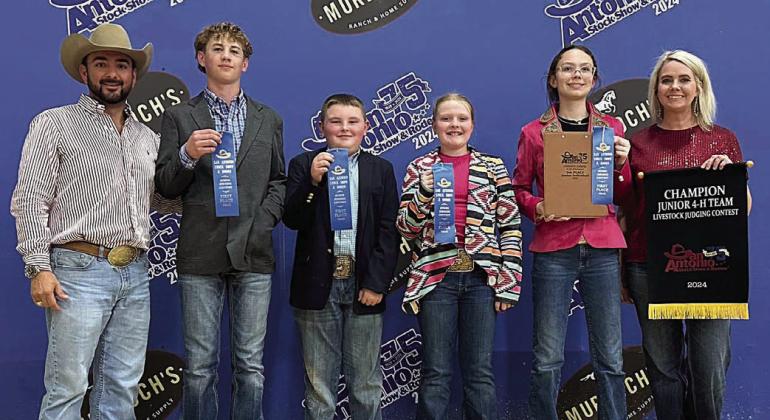 Champion Junior Team – (from left) Coach JoJo Carrales, Kullen Kutac, Abraham McBride, Kaisley Janecka, Tatum Fritsch and coach Kaci Carrales. Abraham McBride is a member of the Schulenburg 4-H.