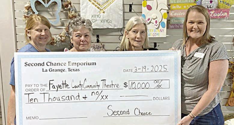 $10,000 check was presented by Second Chance Emporium to Fayette County Community Theatre. Shown are (from left) Marlene Schnell, SCE assistant store director; Darlene Strahan, SCE assistant store director; Gayle Schielack, SCE store director; and Heather Barthelme, FCCT executive director.