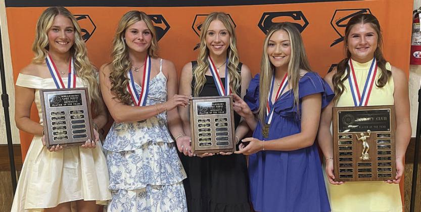 VOLLEYBALL – (from left) Jenna Guentert, Defensive MVP; Haylee Vacek, Reagan Dusek, and Greenli VanZandt, Offensive MVPs; and Landry Zapalac, Rotary Club Volleyball Player of the Year Award. Sticker Photo By Darrell Vyvjala