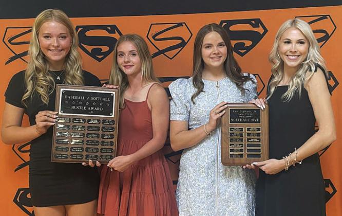 SOFTBALL – (from left) Aubryn Janda and Mallory Bonner, Hustle Award; Kerr McBride and Kinley Tillery, Ken Bigham Jr. Softball Most Valuable Player. Sticker Photo By Darrell Vyvjala