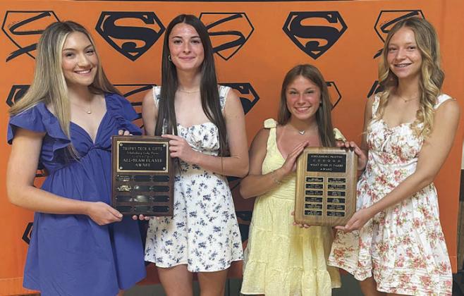 SPECIAL AWARDS – (from left) Greenli VanZandt and Ava Faith, Trophy Tech All Team Player; Ellie Hammack and Michaela Kollmann, Lady Horns Whatever It Takes. Sticker Photo By Darrell Vyvjala