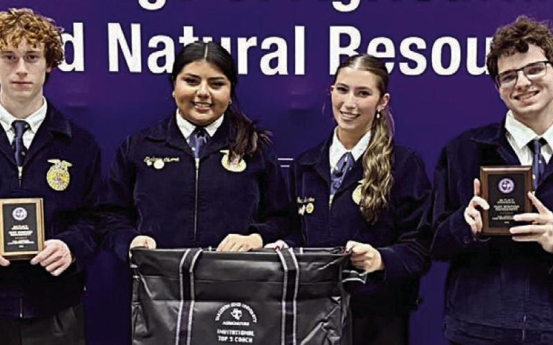 FaRm BuSineSS managemenT Team of (from left) Cody Lewis, Shalanie Olvera, Gracie Burton and  Scott Bass placed third overall. Cody Lewis was second high individual and Scott Bass was fourth high individual.