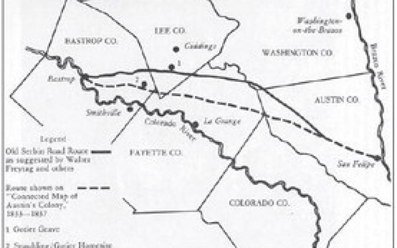 This map uses the Gotier spelling, instead of Gotcher, and is courtesy of Kenneth Kesselus. It appears on page 77 of his book, Bastrop County Before Statehood.